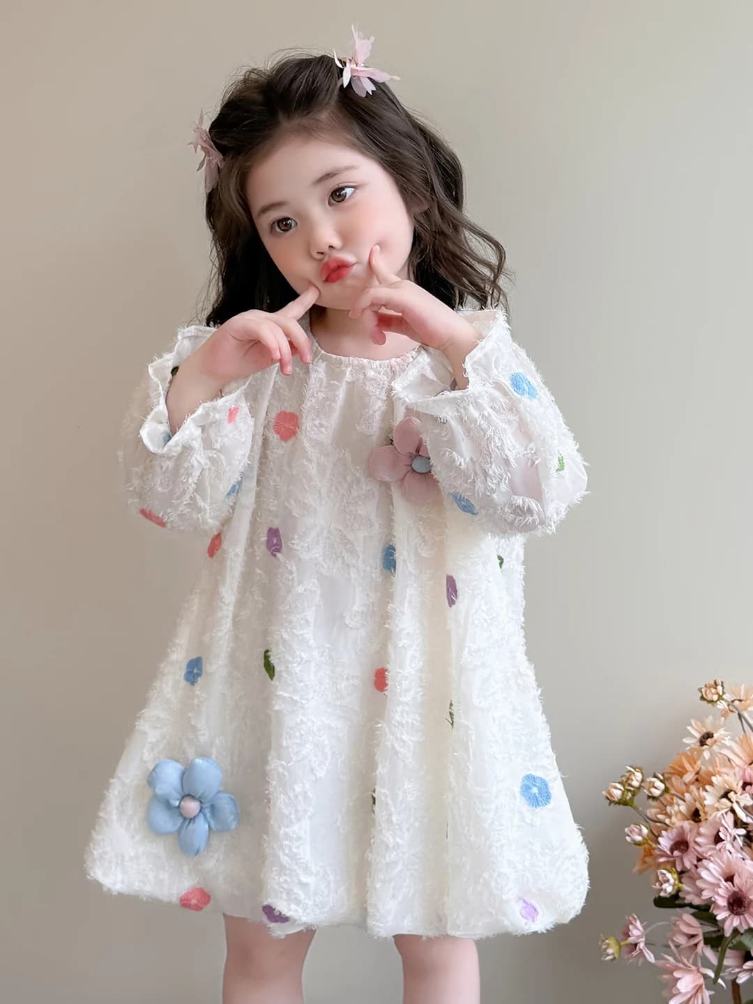 Abito Stile Principessa per Bambine con Design Floreale 3D, Dolce e Carino, Lunghezza Media, Alla Moda per l'Autunno, per Bambini e Neonati