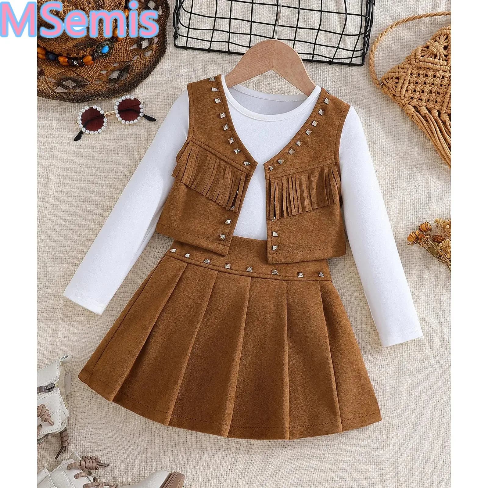Kids Girls 3-piece Retro Suede Outfit Set Long Sleeve T-shirts Rivet Fringe Vest And Pleated Skirt for Daily Life Theme Party