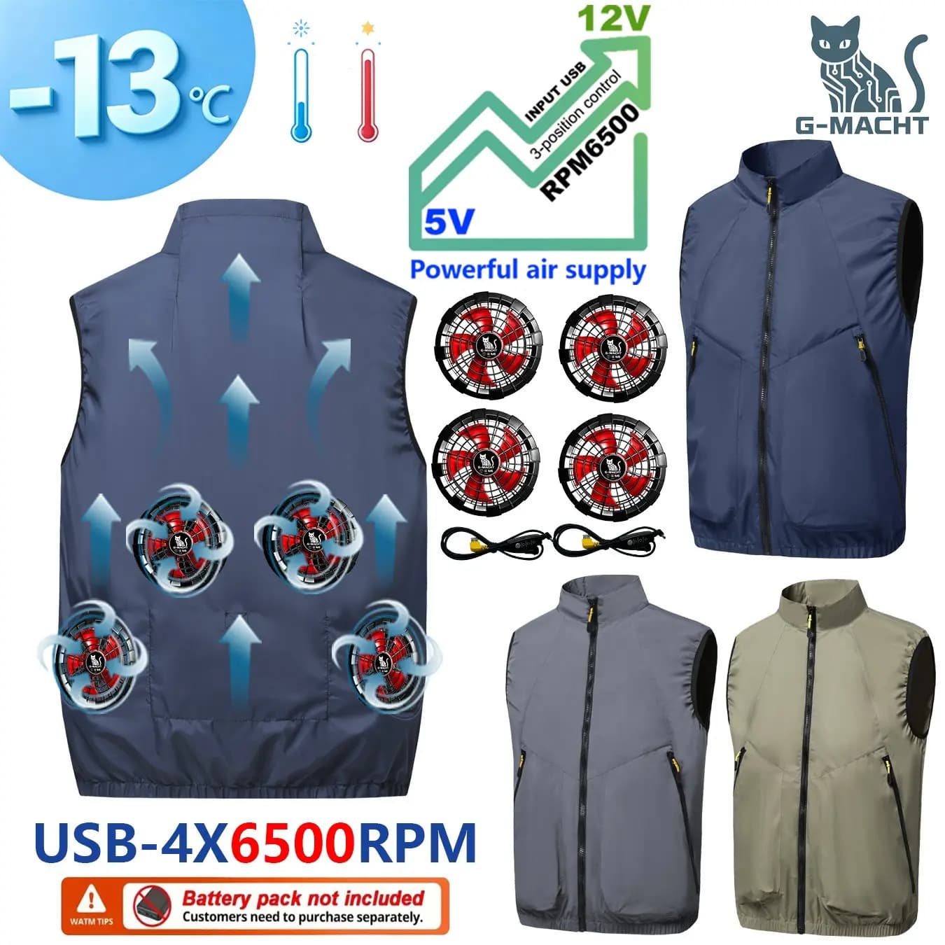 Gilet rinfrescante G-MACHT da uomo color kaki con ventola USB, giacca climatizzata a maniche corte per pesca all'aperto, lavoro e protezione dal calore