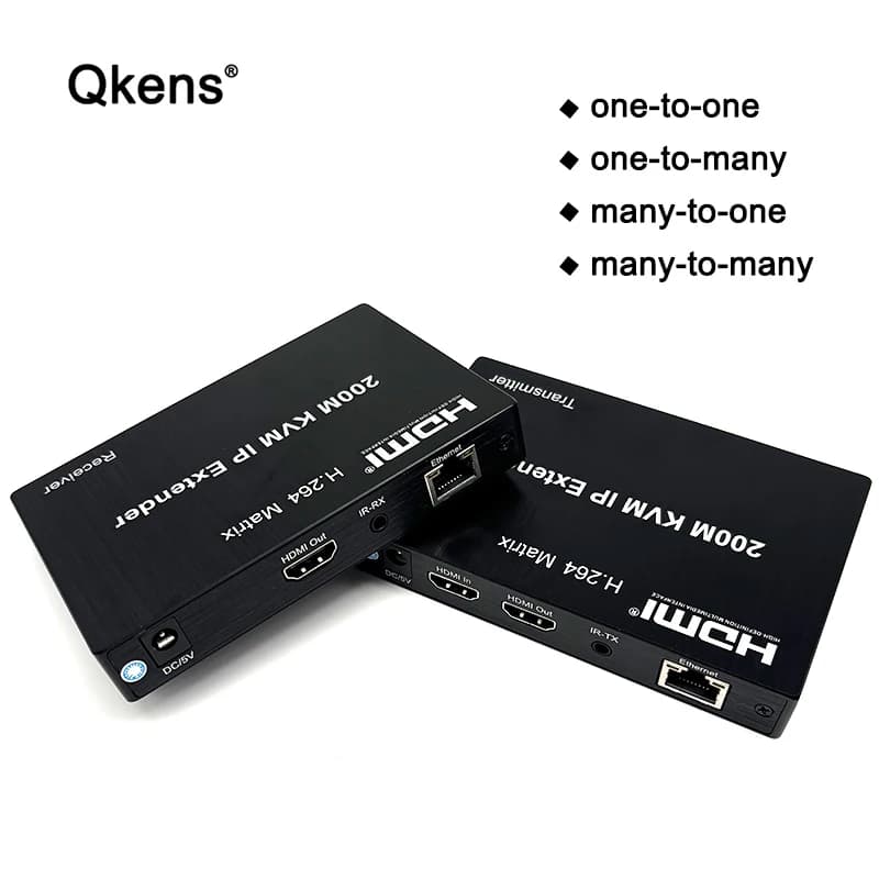 Extender KVM HDMI IP 1080p 200M su cavo di rete Cat5e/6, trasmettitore e ricevitore video con supporto per mouse e tastiera, da multi a multi.
