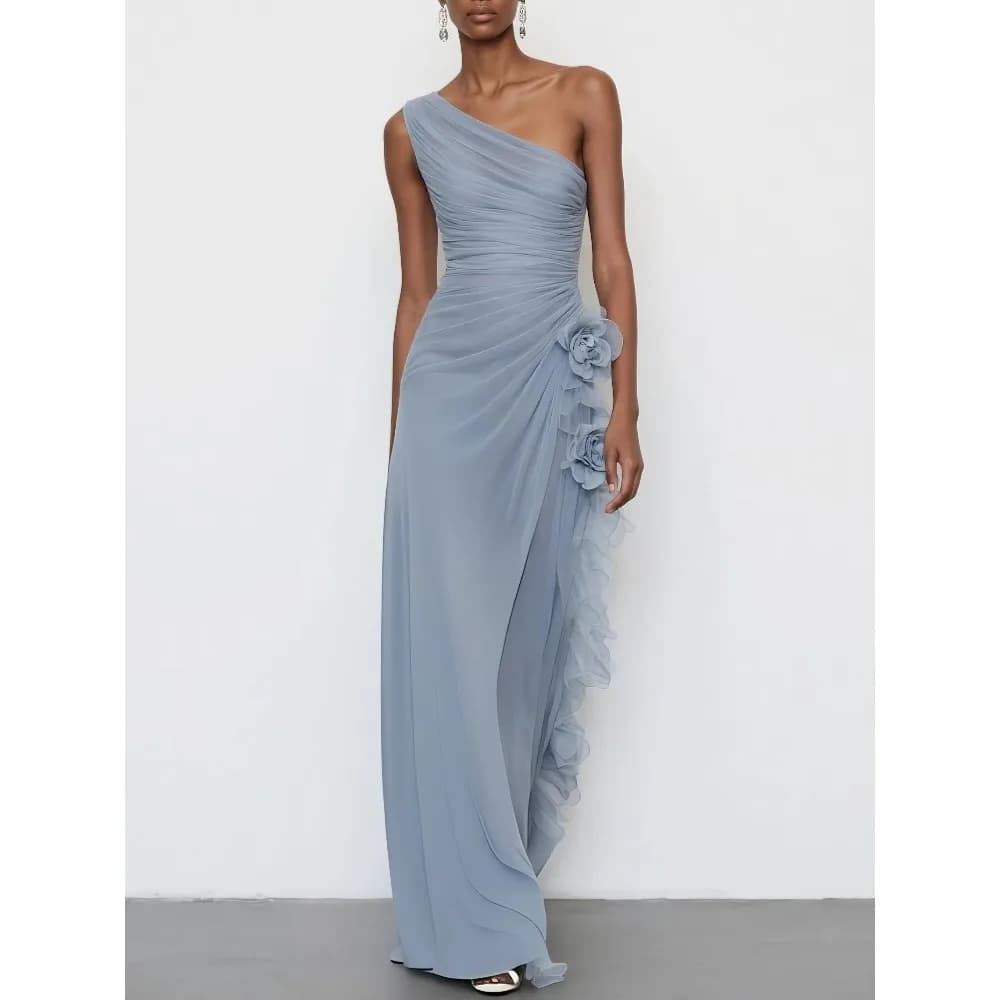 Customized One Shoulder Mother of Birde Dresses 2026 for Women Wedding 3D Flower Elegant Evening Dress Ruched Sky Blue Prom Gown