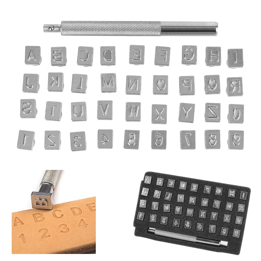 Strumento per la lavorazione della pelle Set di punzoni per timbri Strumento per timbri in pelle 26 lettere maiuscole + 10 numeri 33 pezzi/37 pezzi Kit per timbri alfabetici