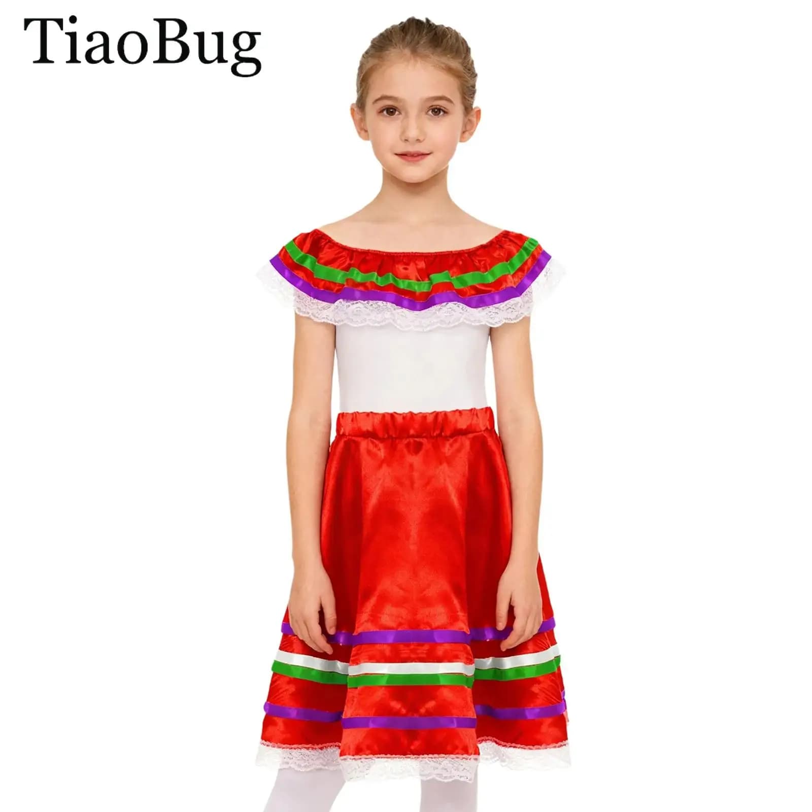 Abito da ballo messicano per ragazze, abito con spalle scoperte, top arricciato con gonna per abiti da spettacolo per feste di carnevale messicano
