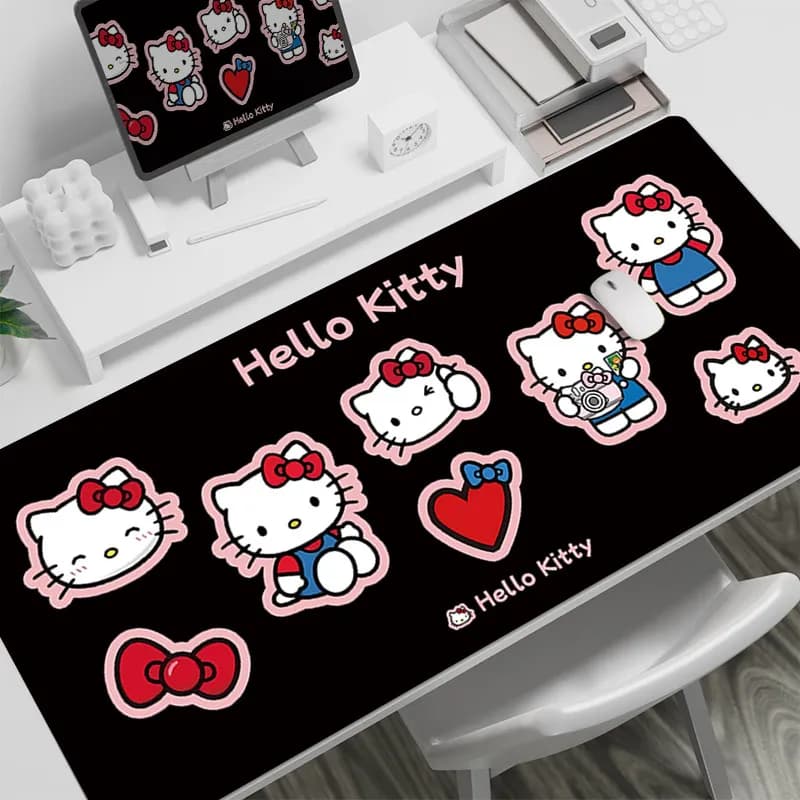 Tappetino per Mouse in Pelle Stampato ad Alta Definizione Hello Kitty, Oversize, Cartone Animato, Carino, con Poggiapolsi per Computer, per Ragazze, Nero Rosa, Dolce e Cool