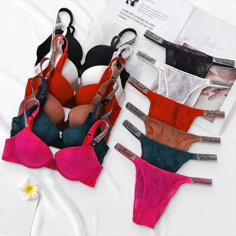 Nuovo Set di Lingerie Sexy Victoria's Secret per Donna, Reggiseno Sportivo Classico Imbottito Regolabile Push-up e Slip Coordinato