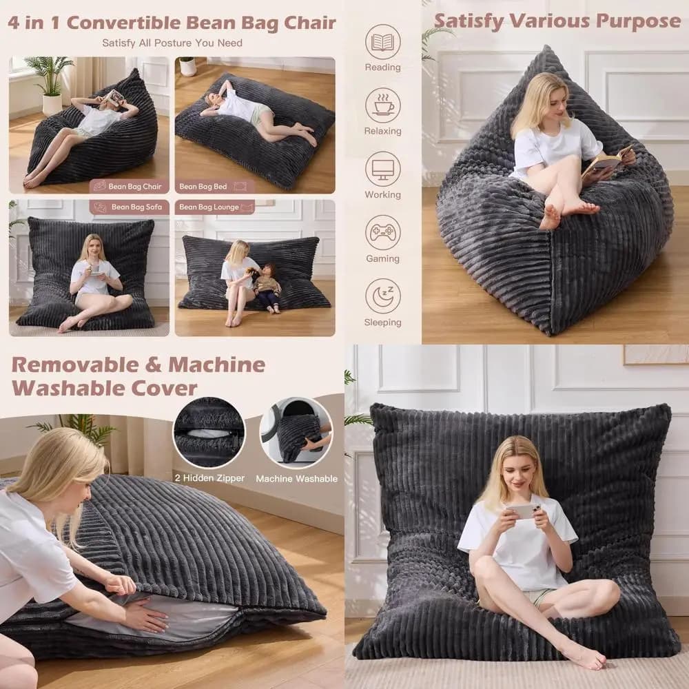 Poltrona Sacco Gigante 4-in-1 Convertibile con Rivestimento Rimovibile, Cuscino in Memory Foam, Ideale per Soggiorno e Camera da Letto, Grigio