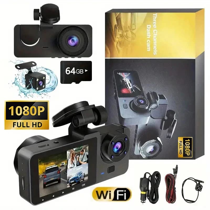Dash Cam a 3 Canali 1080P per Auto, Registratore Video DVR con WIFI, Telecamera Posteriore per Veicoli, Visione Notturna, Scatola Nera, Accessori Auto