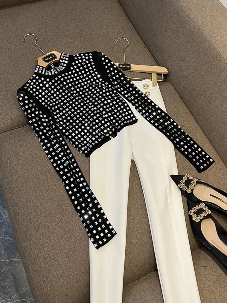 Black Short Sleeveless Zipper Patch Street Style Women's Jacket with Rhinestones Long Sleeves Commute Style Slim Fit Outerwear