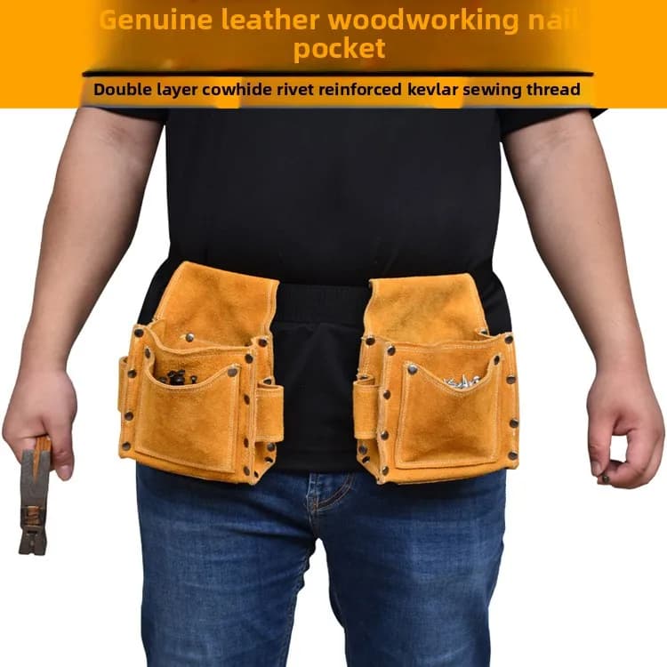 Borsa Porta Attrezzi in Pelle Resistente da Uomo, Multi-Tasca, Porta Chiodi e Martello, Cintura Utensile per Lavori di Falegnameria