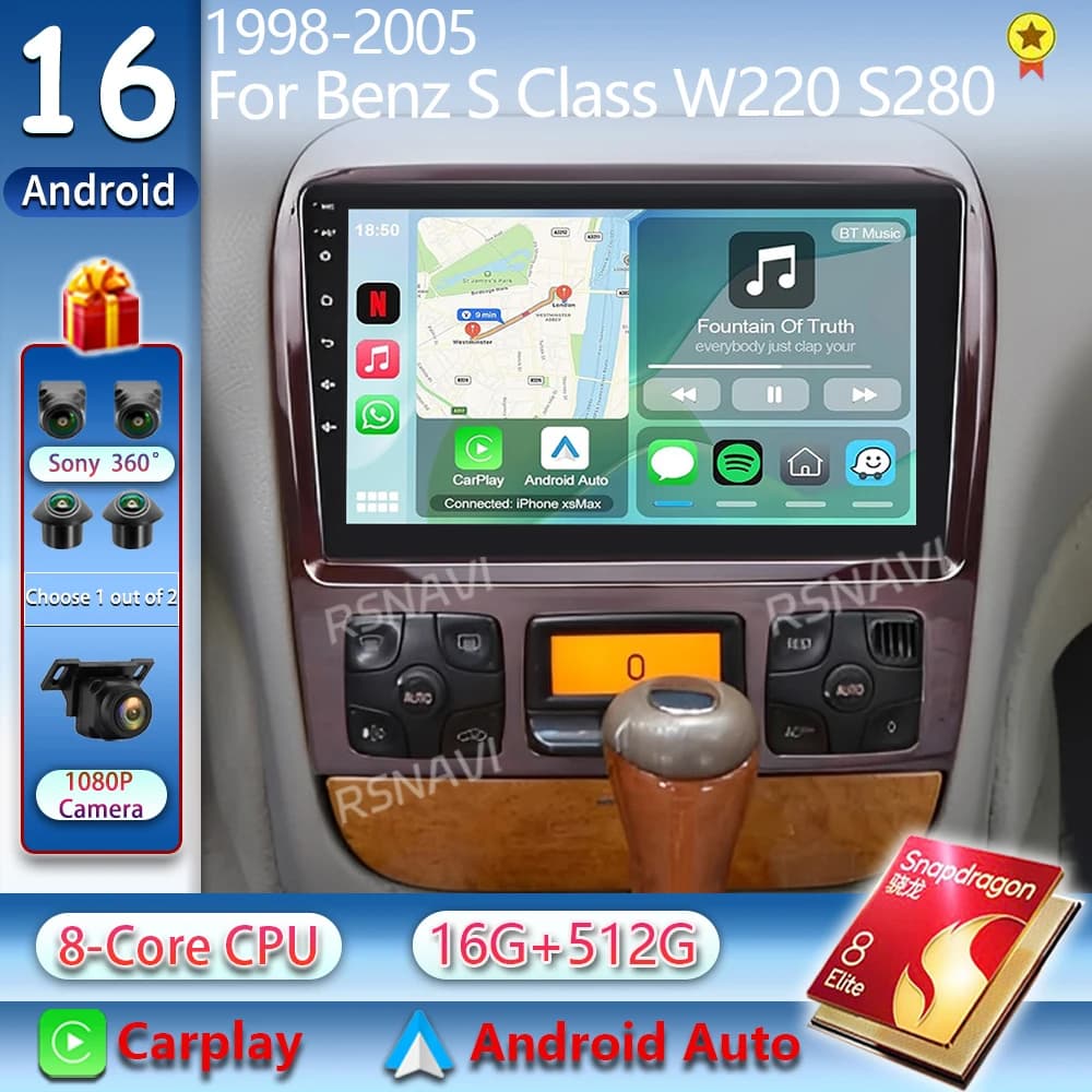 Autoradio Android 15 per Mercedes Benz Classe S W220 S280 S320 S350 S400 S430 S500 AMG 1998-2005 GPS WIFI 4G Carplay Auto 2Din