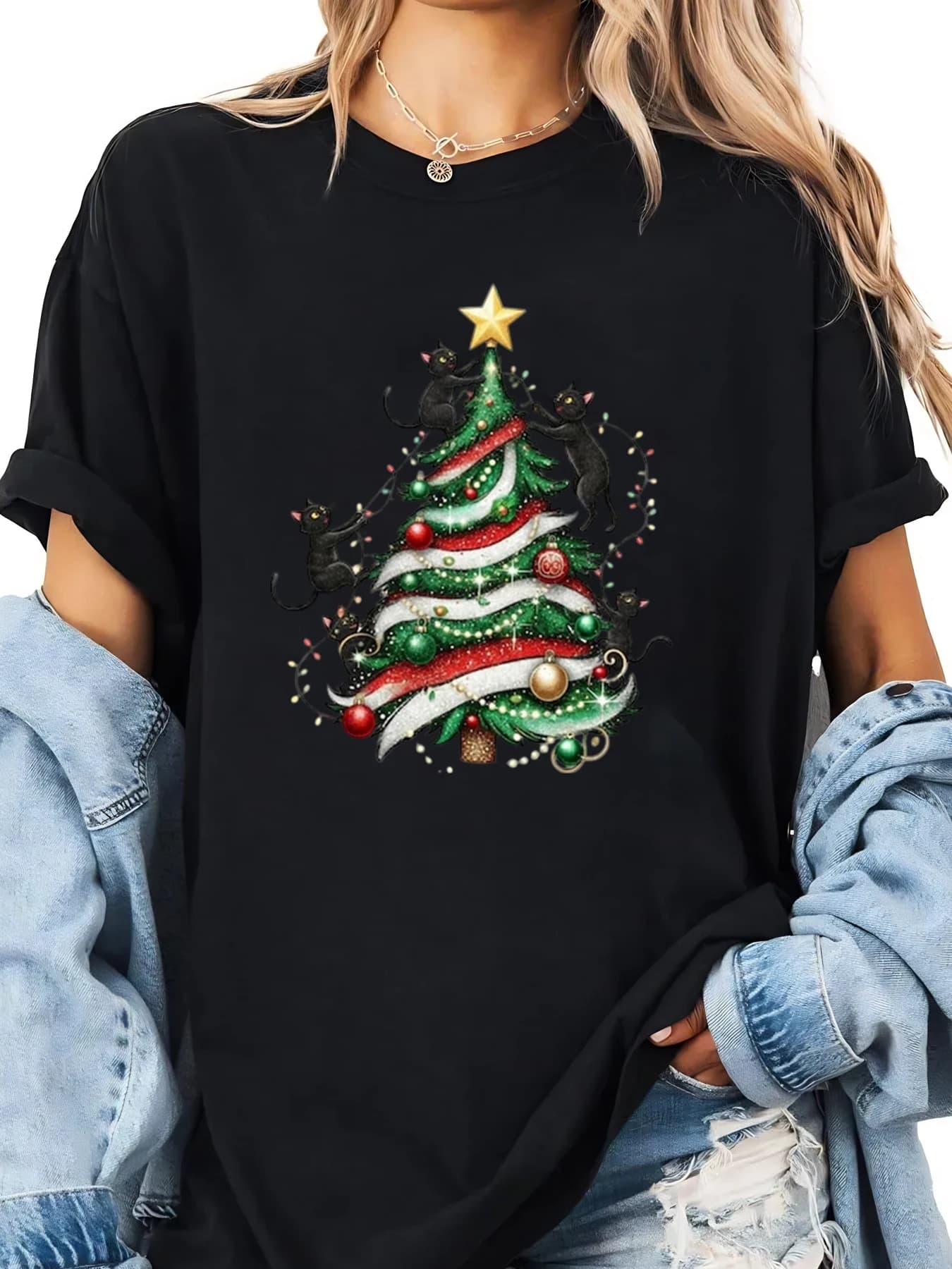 T-shirt natalizia con stampa albero di Natale con gatti T-shirt da donna Abbigliamento casual Completo da festa Nero Taglie forti