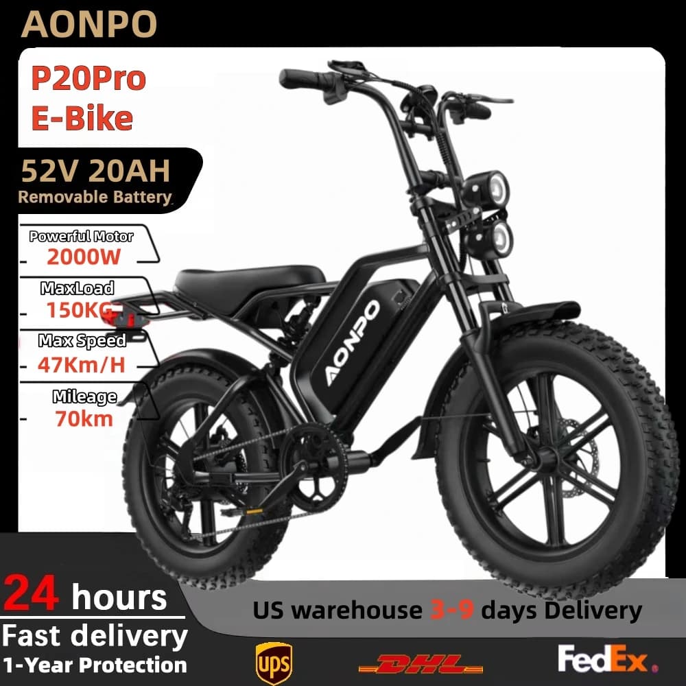 Bicicletta elettrica AONPO P20 con motore potente da 2000W, batteria al litio 52V20AH, mountain bike elettrica per adulti con pneumatici fat da 20 pollici.