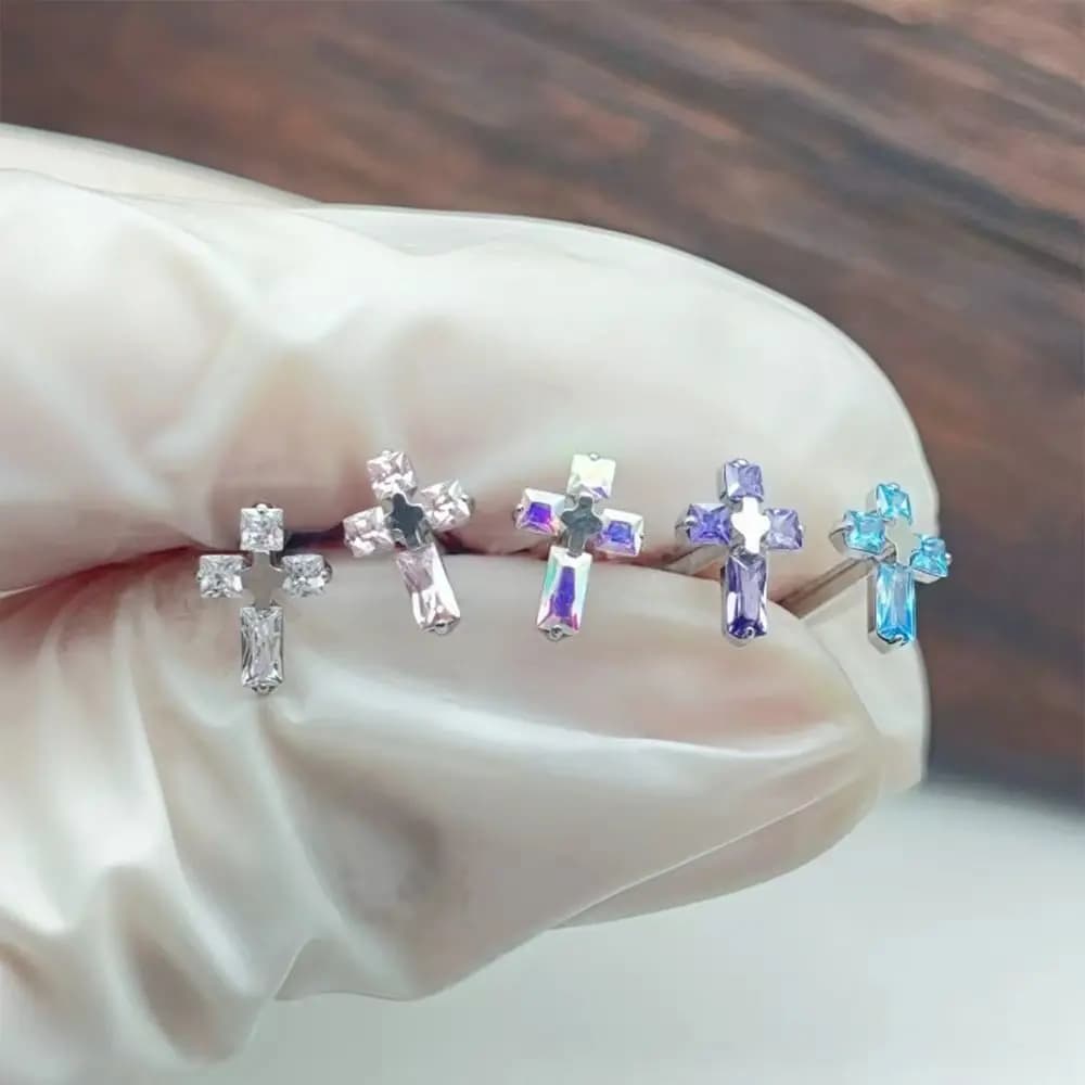 G23 Titanium 16G CZ Cross Helix Piercing Labret Tragus Cartilage Flat Back Earring Internal Thread Lip/Nose Jewelry