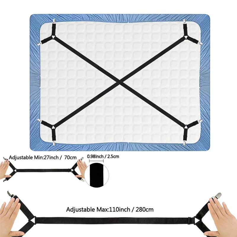 Set of 4 adjustable clips for sheets and feathers, bed linen organizer, mattress clip, adjustable elastic straps for the house
