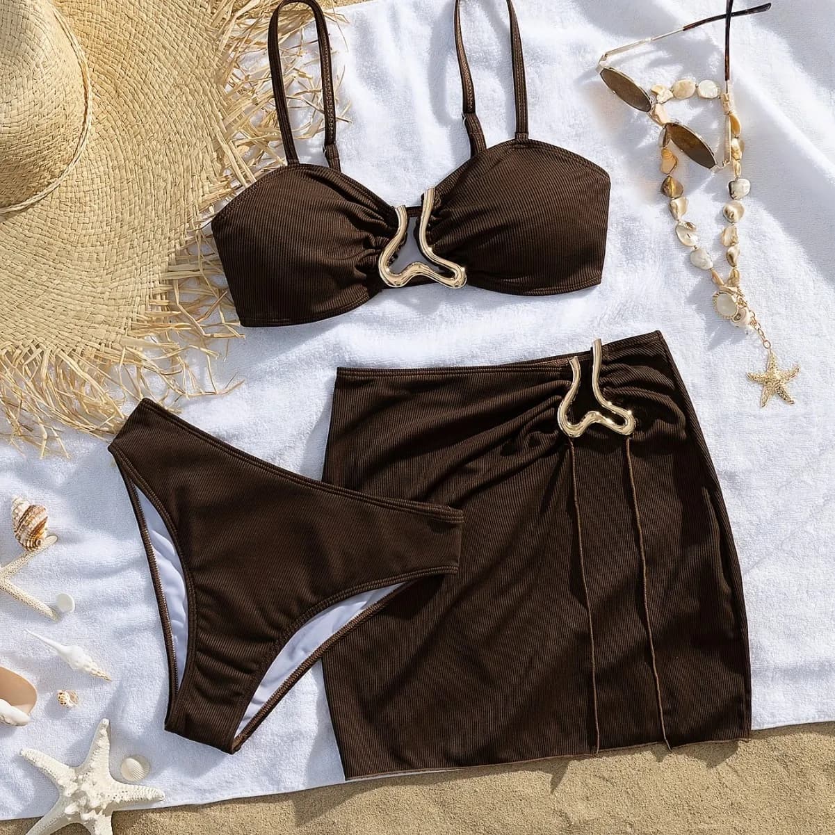 Costume da bagno sexy da donna con spalline staccabili, bikini marrone con push-up in metallo, vita alta, gonna e 3 pezzi, collezione 2026