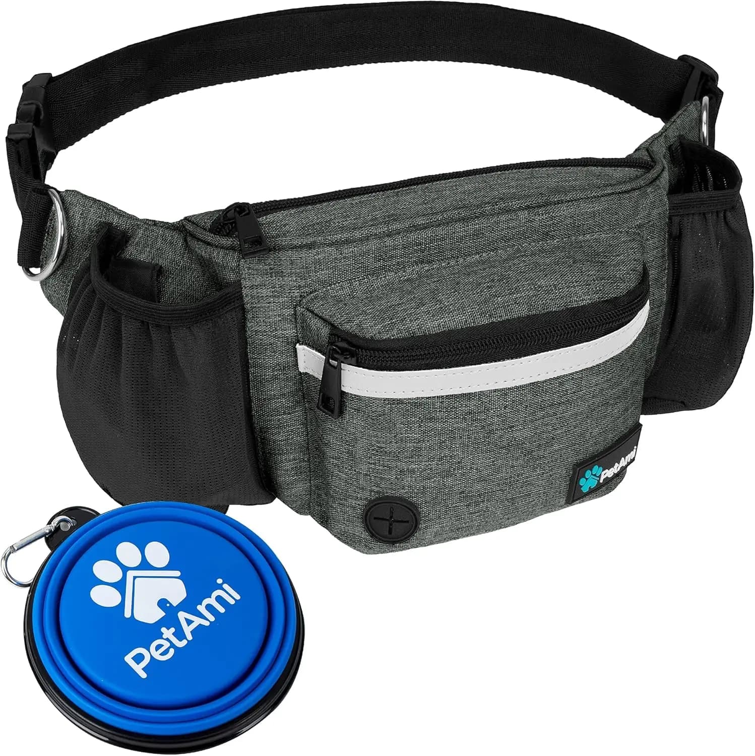 Dog pack with snack pocket, toilet dispenser, bottle holder and folding bowl for walks and excursions