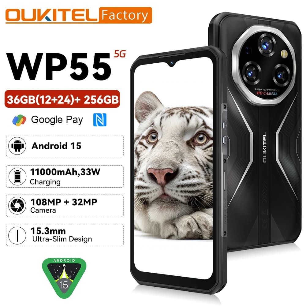 OUKITEL WP55 5G Telefono robusto 6.6"FHD+ Display 108MP Fotocamera Telefono portatile 36GB(12+24)+256GB 11000mAh Smartphone Android 15 NFC