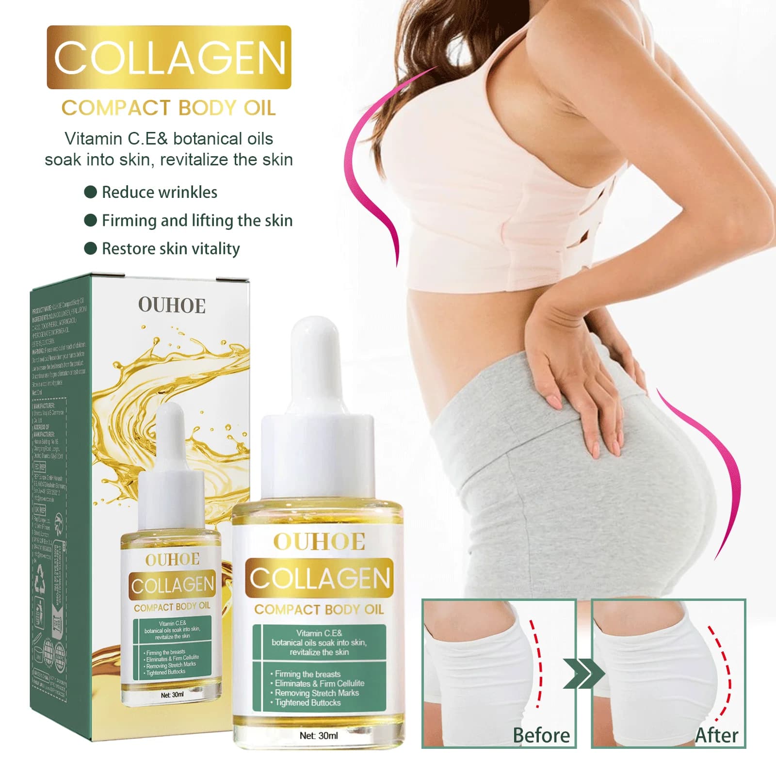 Collagen Oil for Body, Night Toning Cream for Flaccid Skin, Massage Oil