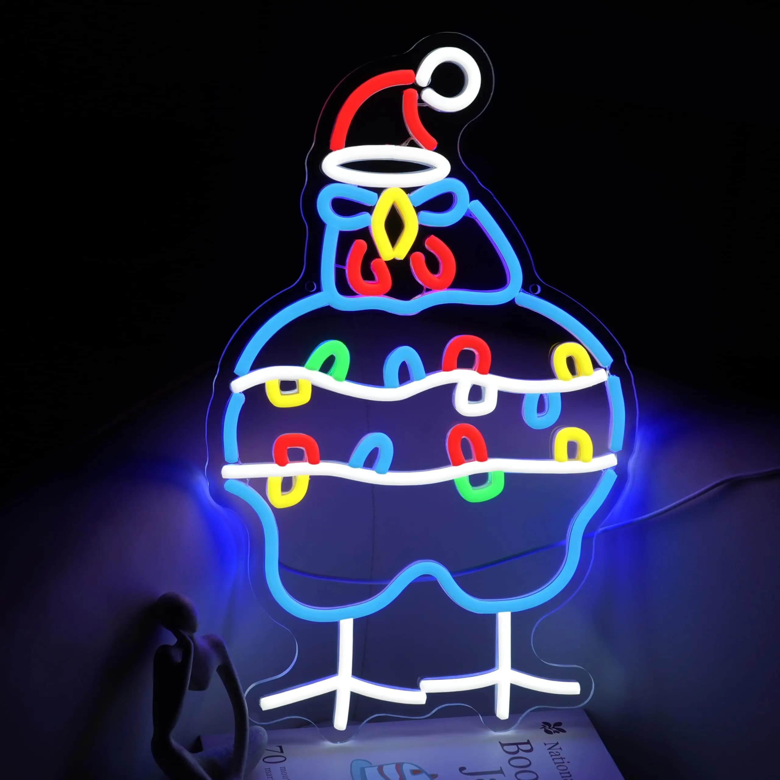 Insegna al neon natalizia con pollo Cappello da Babbo Natale Luce al neon con gallo natalizio dimmerabile per l'arredamento del club del soggiorno della festa di Capodanno