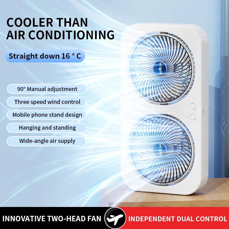Dual Head Desktop Fan, 3 Speeds, 90° Adjustable Airflow, Rechargeable, Phone Stand, 2-in-1 Desktop & Wall Mounted USB Fan