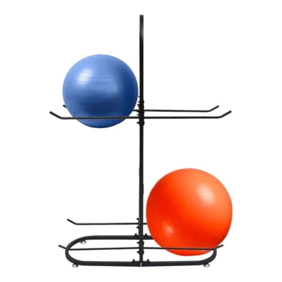 Supporto per Palla Stabilizzatrice a 2 Livelli, Porta Palle da Ginnastica Autoportante, Scaffale per Palla Yoga, Palla Fitness e Tappetino Yoga