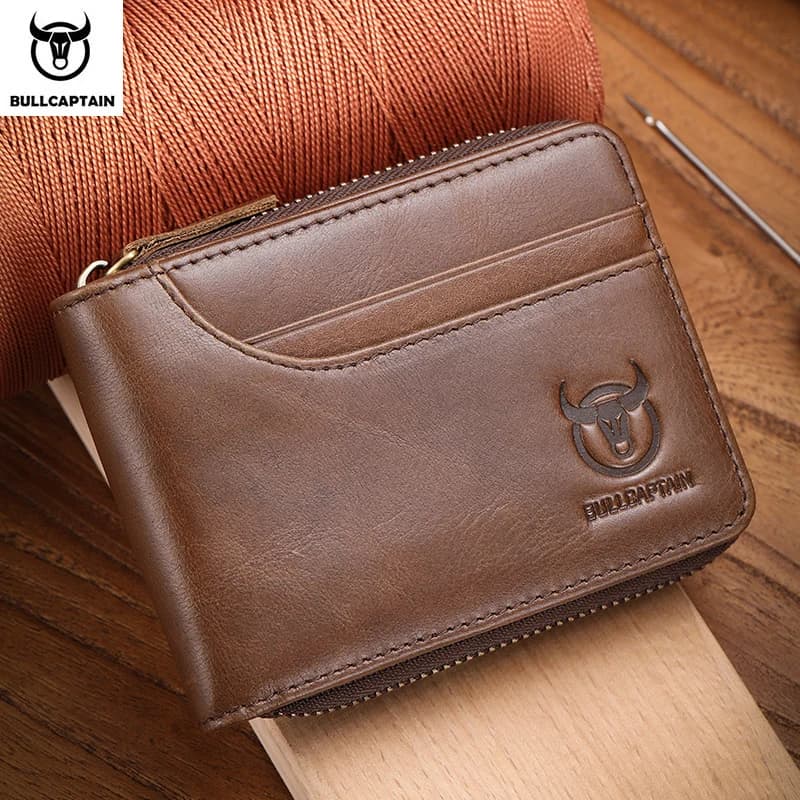 BULLCAPTAIN Portafoglio da uomo in vera pelle con cerniera Portafogli bifold con blocco RFID Porta carte di credito con finestra identificativa con tasca portamonete con cerniera