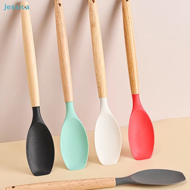 ♥ Silicone kitchen utensils with wooden handle – Heat resistant spoon and spatula for non-stick pans