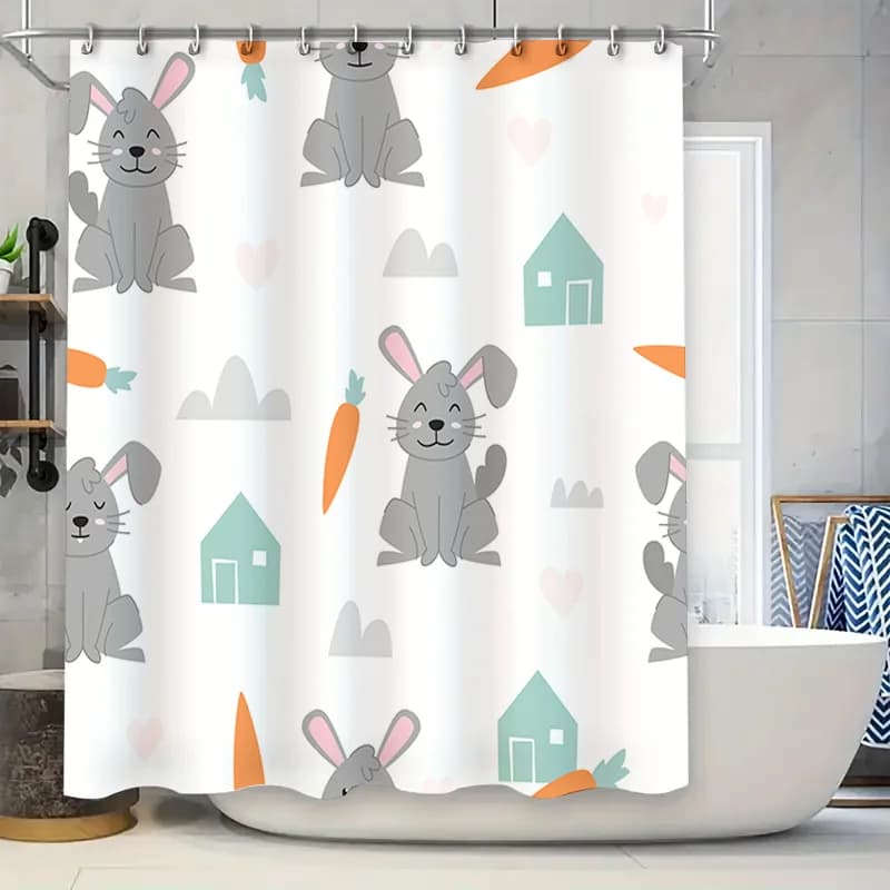 Adorabile tenda da doccia coniglietto e carota per l'arredamento del bagno, design dai colori pastello con forme di casa blu, perfetta idea regalo!