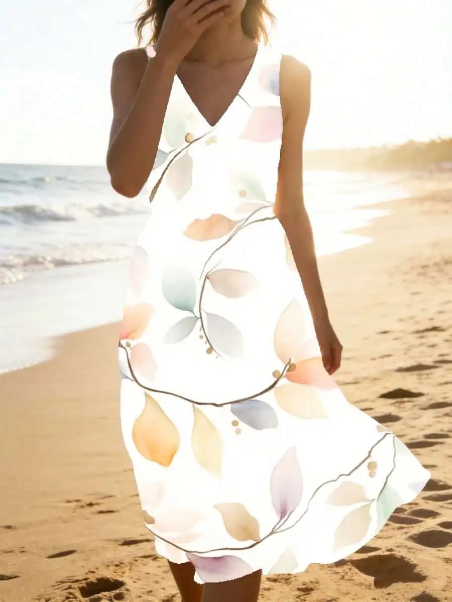 V Neck Sleeveless Midi Dress White Floral Leaf Print Beach Summer Outfit