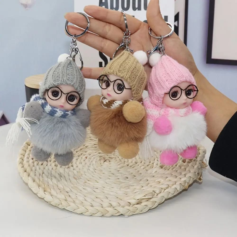 Portachiavi con pompon per bambola in vetro con occhio Ciondolo appeso Portachiavi con palla di pelo per bambola Portachiavi Portachiavi con bambola soffice in pelliccia di coniglio Donna Ragazza