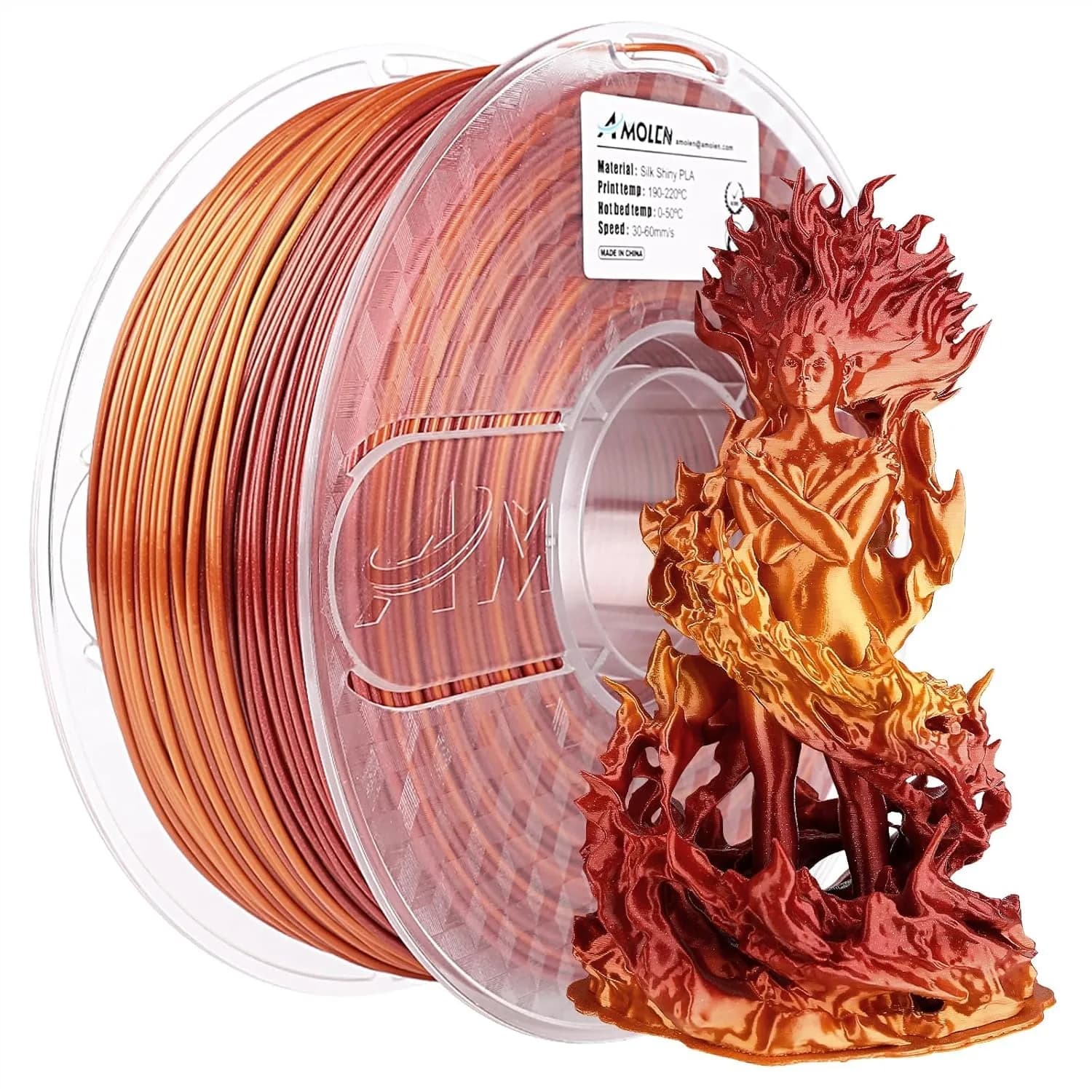 Filamento per Stampante 3D in PLA Seta 1.75mm, Gradiente Rosso-Oro, Bobina da 1KG Compatibile con Stampanti FDM