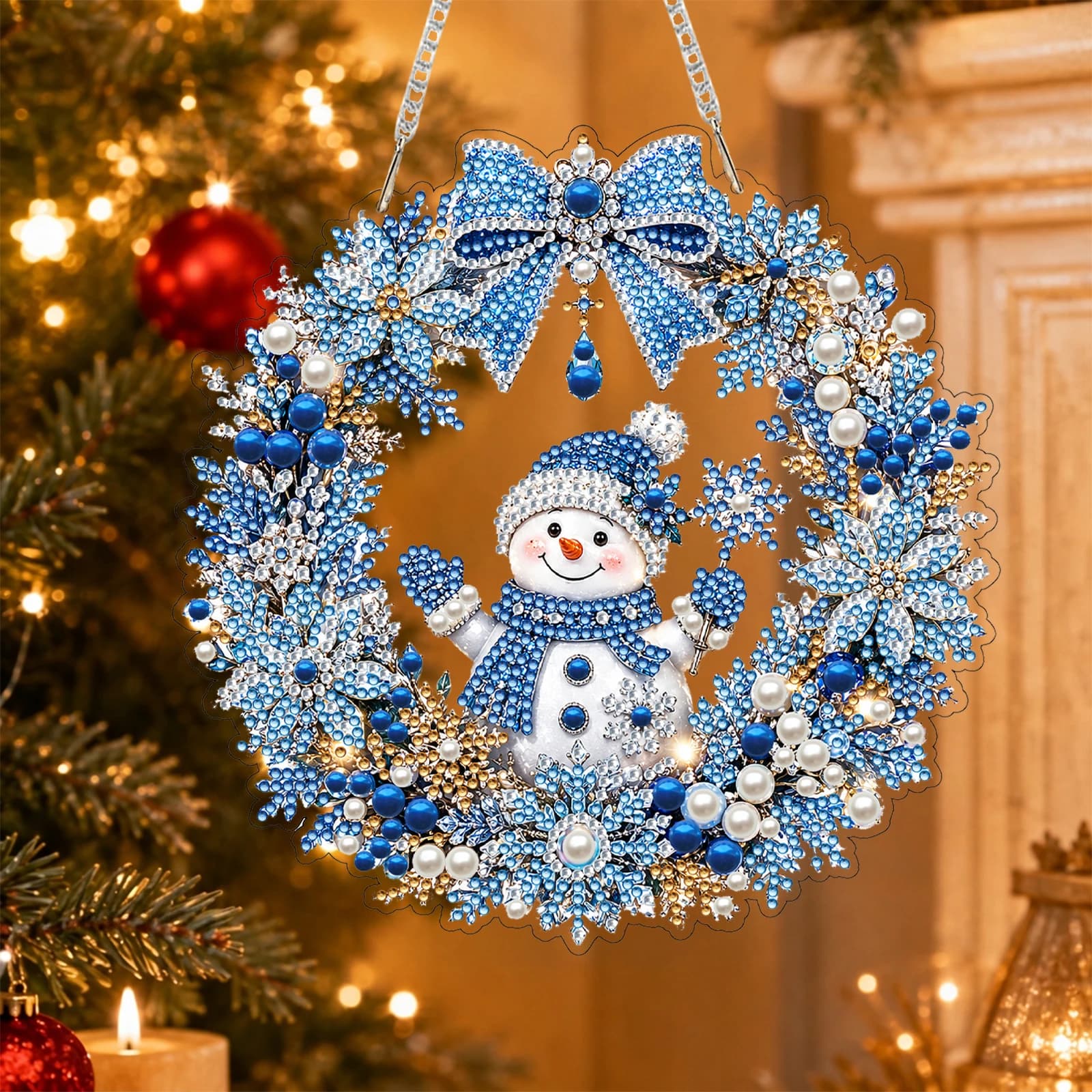 Diamond Painting Christmas Wreath Pendant Ornament DIY Kit Double Sided PET Rhinestone Metal Chain 20cm Set