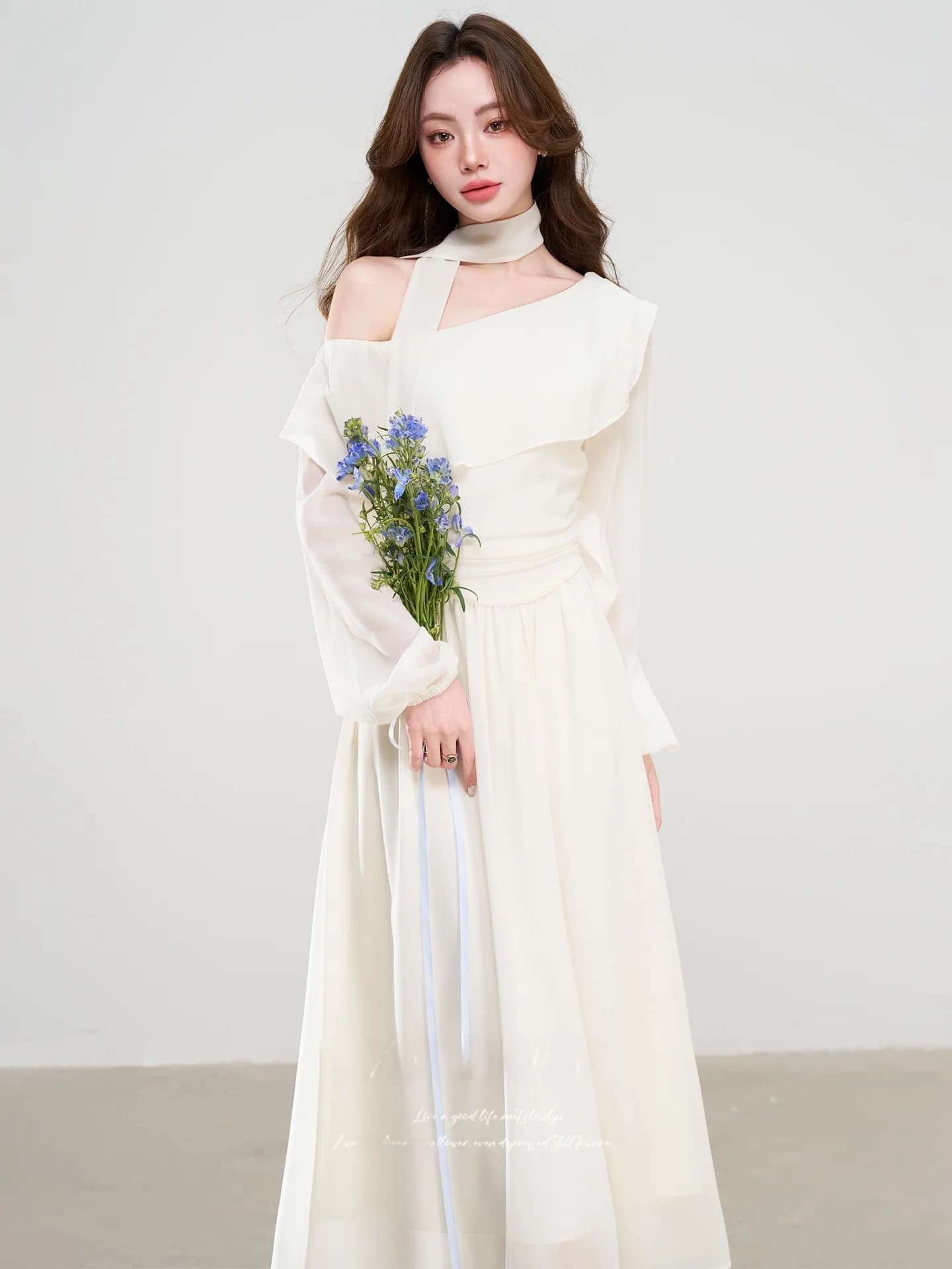 Elegant Shoulder Bared Dress Gentle Wind Style Unique Beautiful Waist Cinched Spring New Arrival High Waist A-Line Skirt