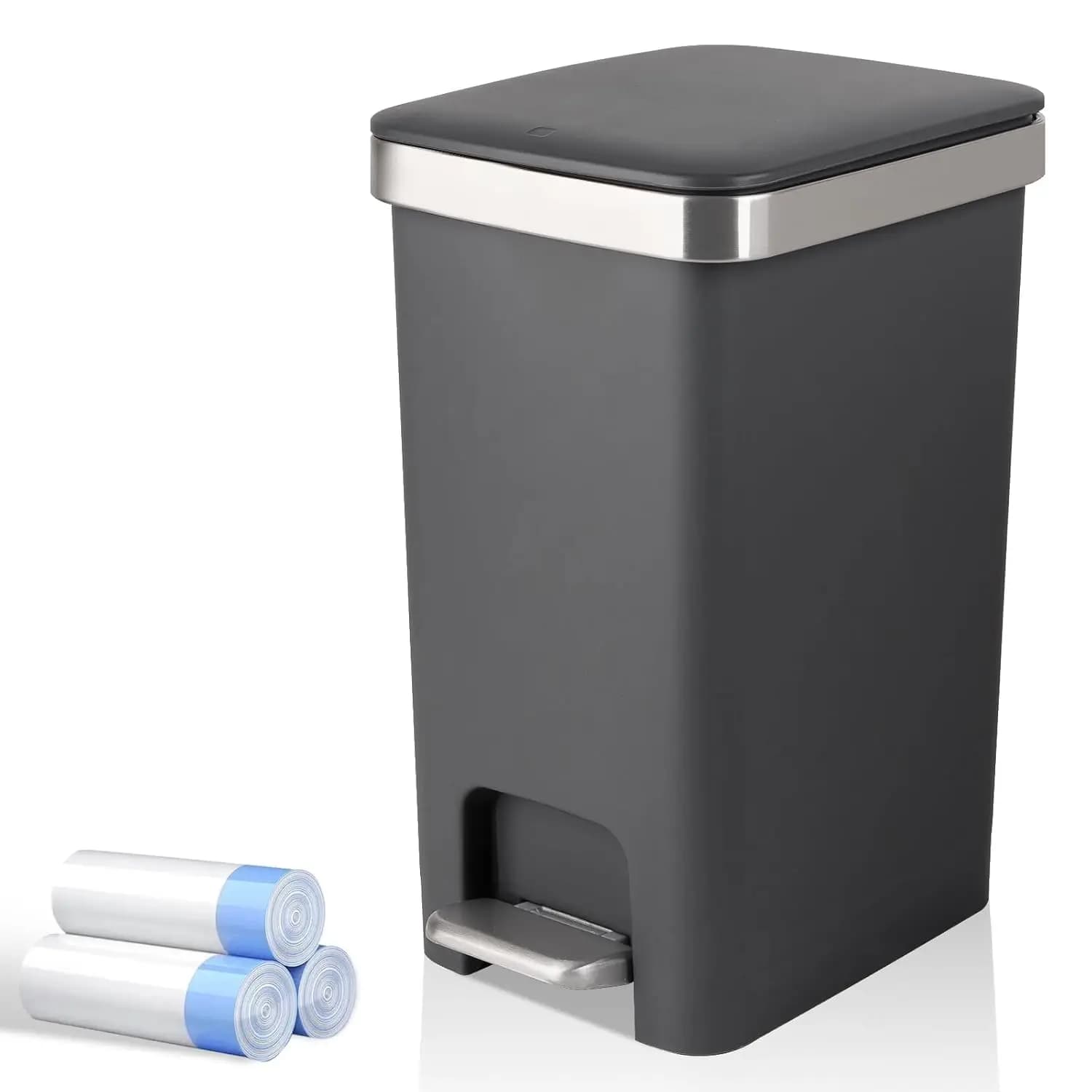 Piccolo Cestino per Bagno con Coperchio e 3 Rotoli di Sacchetti per Rifiuti, Cestino a Pedale in Plastica