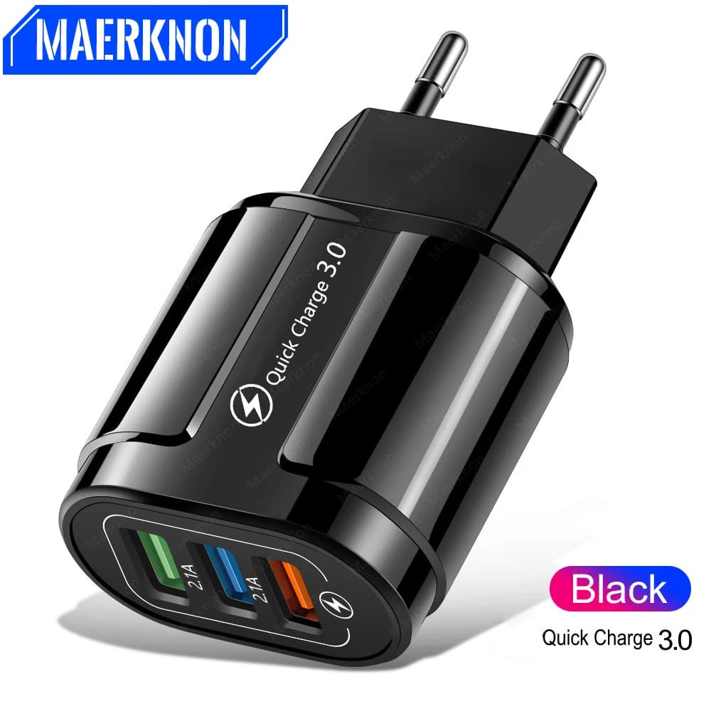 Caricatore USB da 18 W Adattatore di alimentazione per caricabatterie rapido 3.0 per telefono cellulare per iPhone Samsung Xiaomi Huawei Caricatore con spina UE/USA a 3 porte