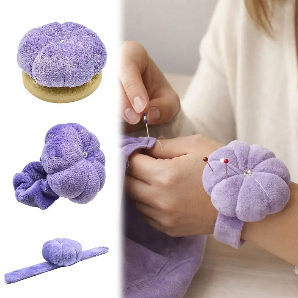 Portaferri da cucito fai da te in velluto viola, a forma di zucca, in tessuto di cotone, con base in legno tinta unita viola