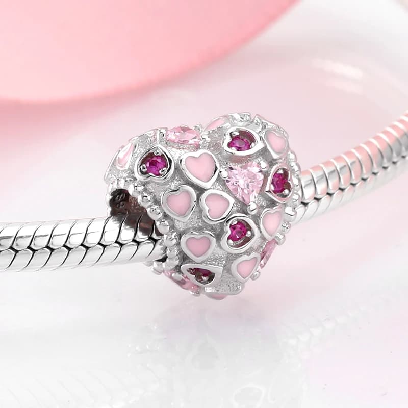 925 Sterling Silver Classic Heart Pink Irregular Zircon Pendant Charm Bead Fit Original Bracelet DIY Accessories