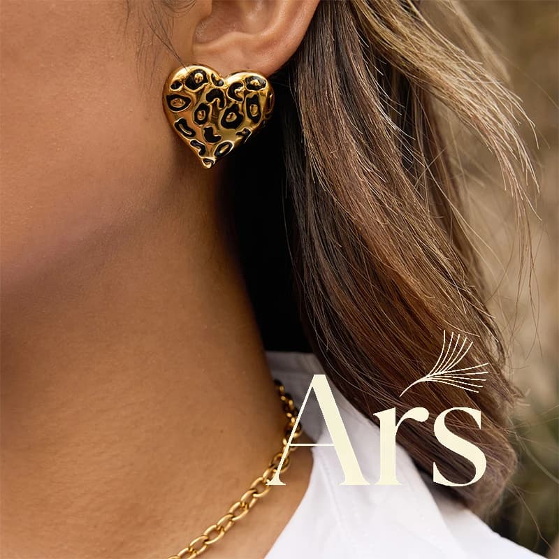 Ars Enamel Leopard Print Heart Earrings 18k Gold Plated Stainless Steel Stud Earrings for Women Statement Daily Wear Ear Studs