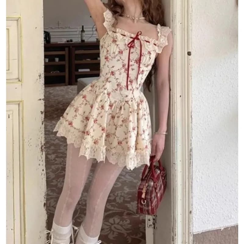 Lace-up Lace Floral Suspender Dress Summer Vacation Skirt