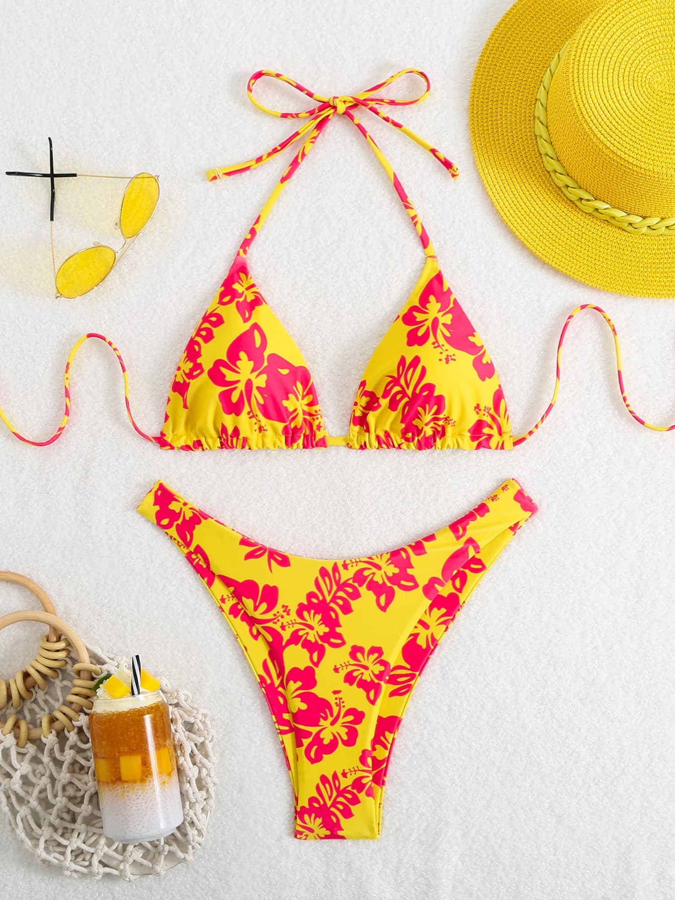 High waist sexy woman summer swimsuit with retro floral print in 2 pieces with laces