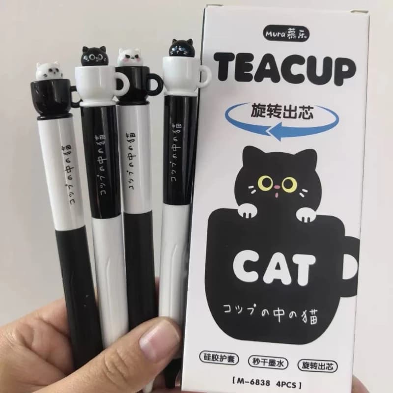 Simpatica Penna Gel Gatto Teacup Mule con Guscio in Silicone Rotante per Decompressione, Asciugatura Rapida, Punta da 0.5mm, Inchiostro Nero, Cancelleria Kawaii