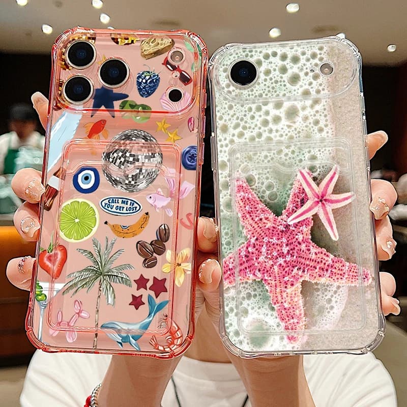 Little Fish Starfish Pattern Clear Phone Case For iPhone 17 16 15 14 13 Pro Max 17 16 Pro Air 17e 16e 11 TPU Soft Card Bag Cover