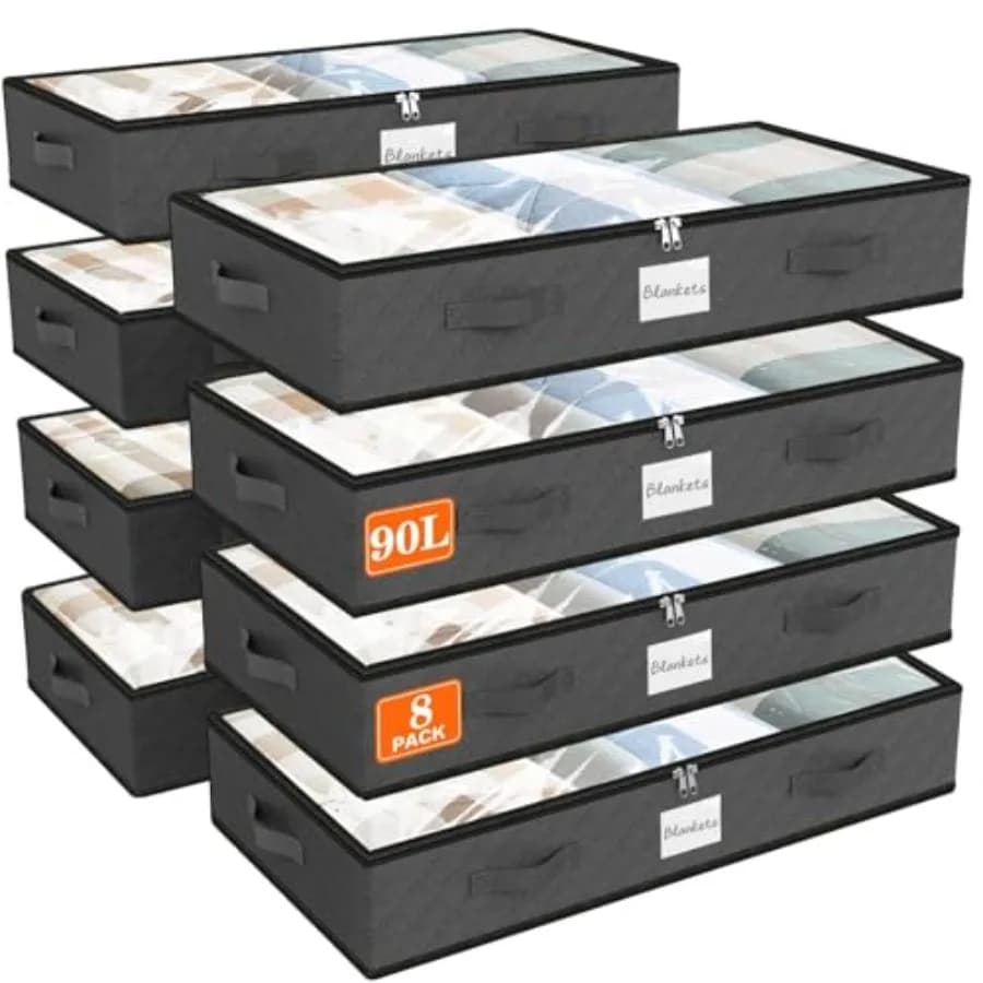 Contenitori Salvaspazio Sottoletto da 90L - Set di Contenitori Pieghevoli con Coperchio Trasparente e Organizzatori per Armadio con Portaetichette