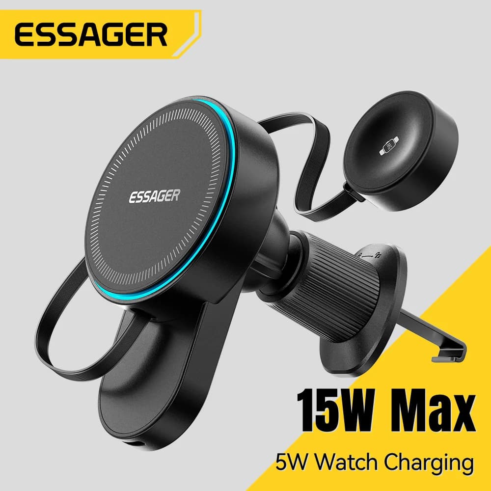 Essager 2 in 1 Magnetic Wireless Car Charger With Retractable Cable Watch Charger 15W Car Charger for iPhone 17 16 Pro Max Watch