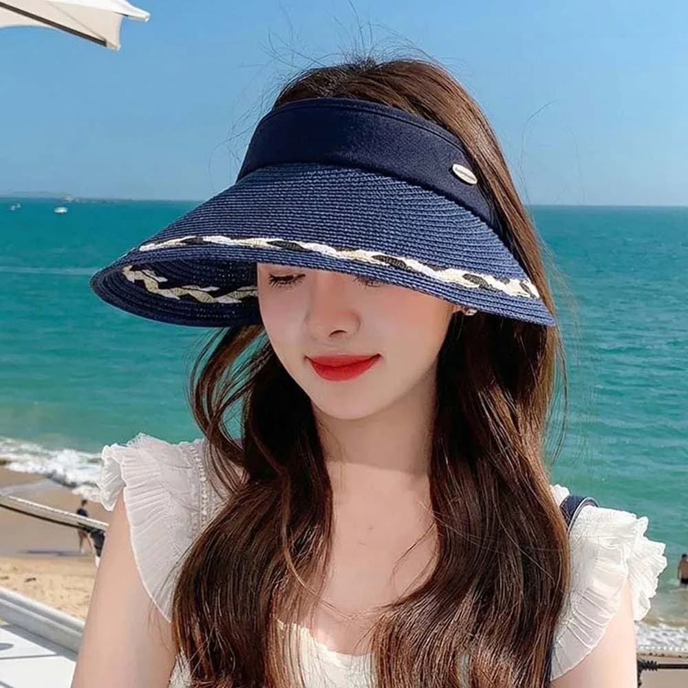 Portable Straw Visor Cap Solid Color Polyester Sunscreen Empty Top Hat Lightweight Breathable Wide Brim Woven Cap Seaside