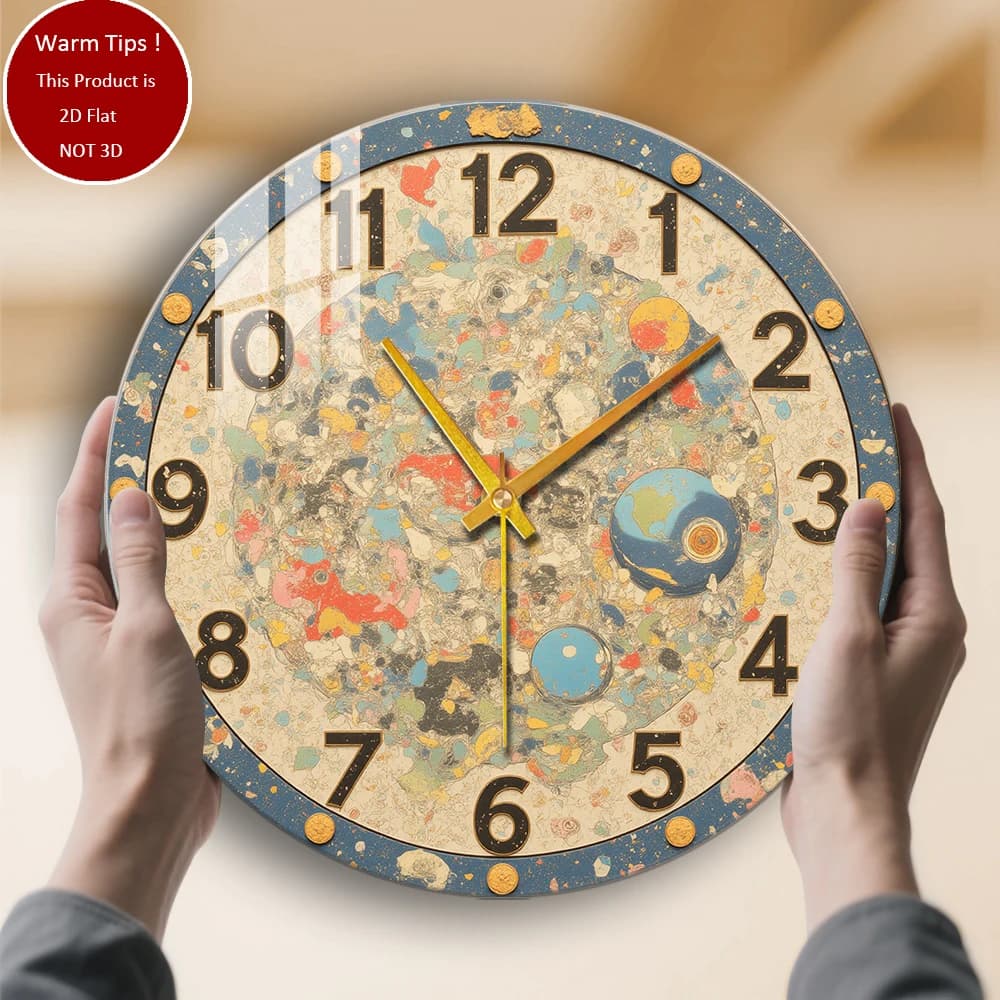 Tempered glass wall clock with cosmic pattern, globe elements suitable for wall decorations or table displays everywhere
