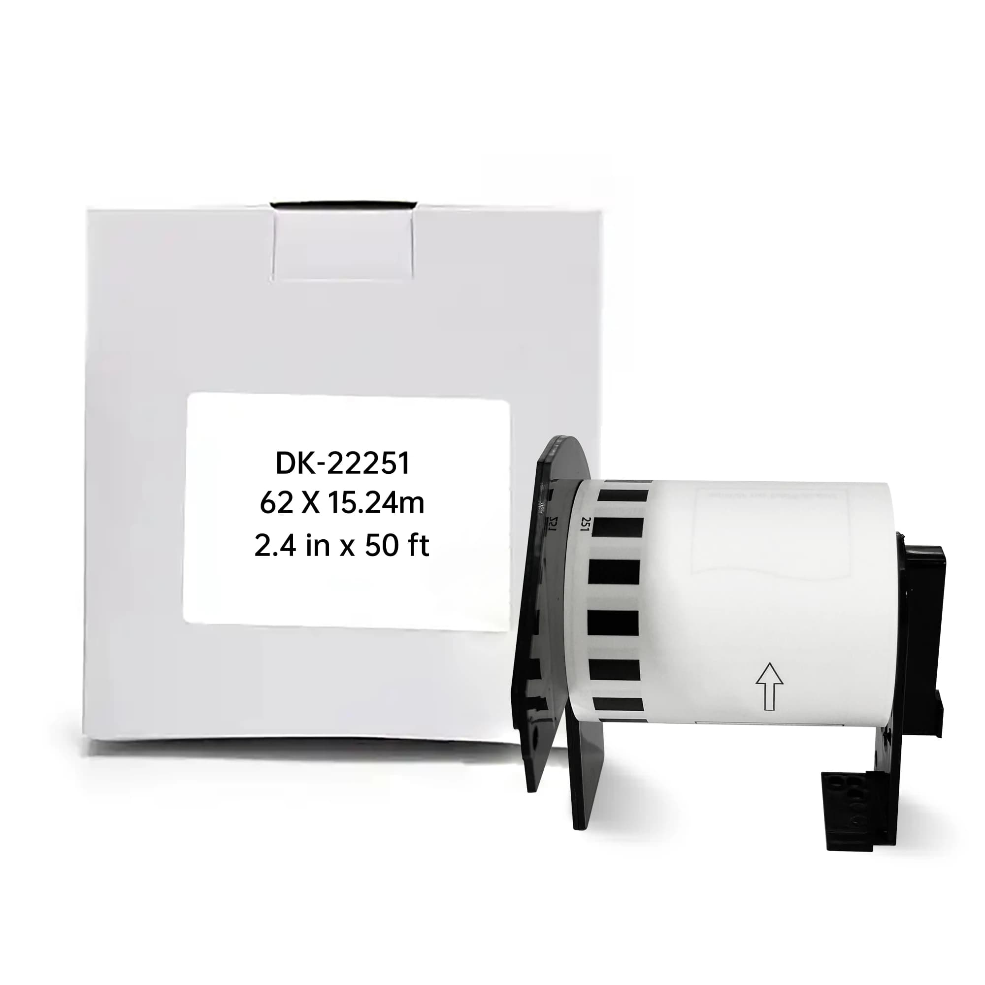 Etichette termiche continue compatibili Brother DK-22251 DK2251, nere e rosse su sfondo bianco, rotolo di etichette da 62 mm e cartuccia con supporto.