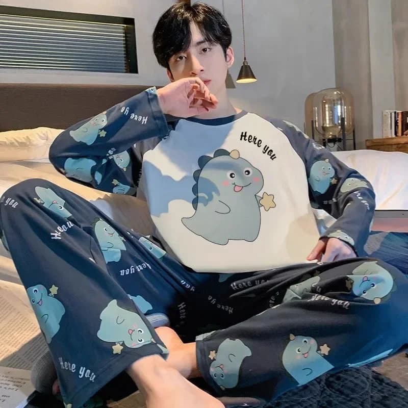 Pigiama Set da uomo in cotone a maniche lunghe Semplice cartone animato Dinosauro Indumenti da notte Homewear Studenti Indumenti da notte in due pezzi Loungewear