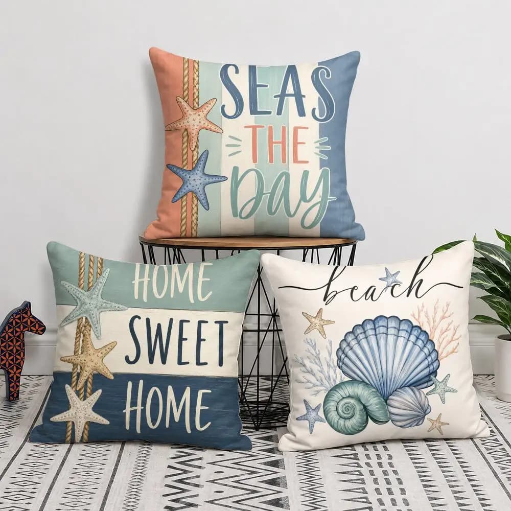 Summer Starfish and Shell Cushion Cover Short Plush Soft Double-Sided Printing Pillow Case Cozy Sofa Bedroom Home Decor Gift