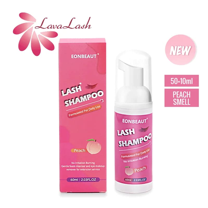 Shampoo per Ciglia 60ml EONBEAUT, Detergente in Schiuma per Ciglia Finte Senza Irritazioni, Aroma Pesca, Mousse per Pulizia Ciglia